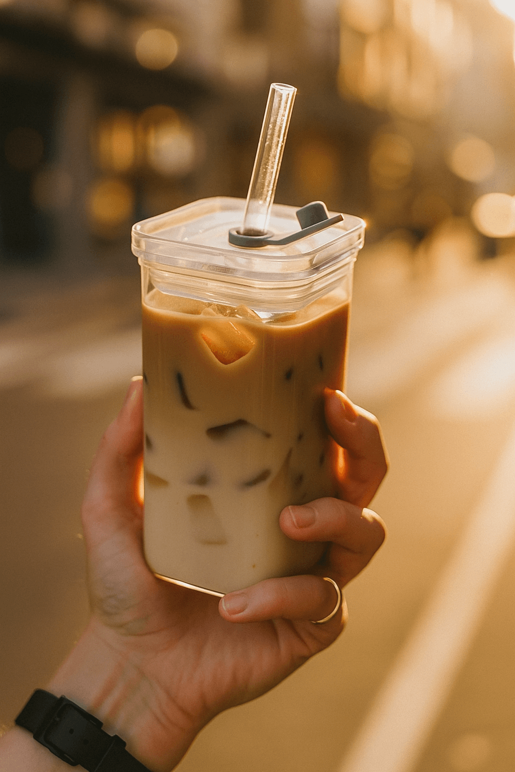 Square Glass Iced Coffee Cup with Lid & Straw – Leak - Resistant Reusable Tumbler (700ml) - Nestrel